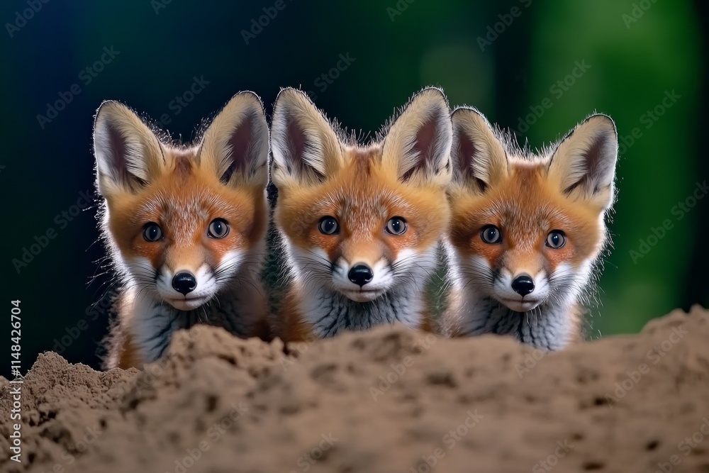 Obraz premium A family of foxes gathered near their den at dusk, the kits playing while the adults keep watch