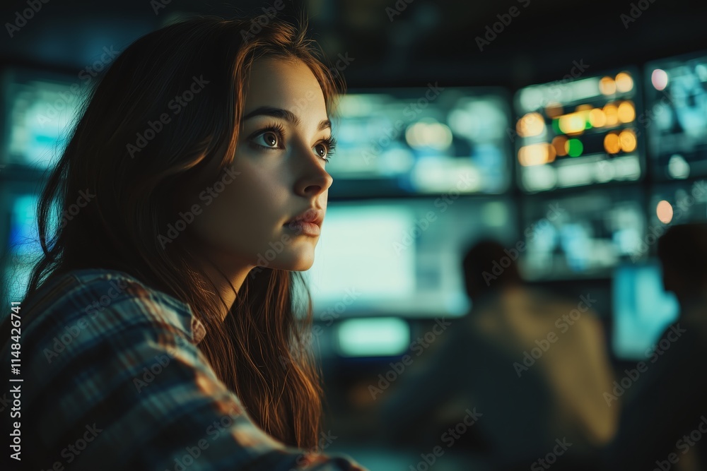 A Woman Engineer Oversees System Operations as Colleagues Work with Data-Filled Monitors in the Background A Woman Engineer Oversees System Operations as Colleagues Work with Data-Filled Monitors in the Background