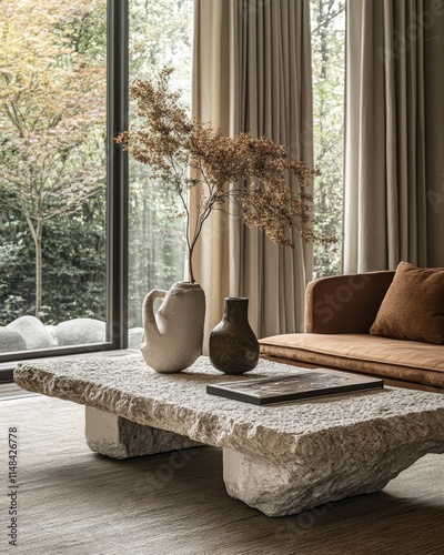 Cozy Living Room with Earthy Tones and Natural Stone Coffee Table