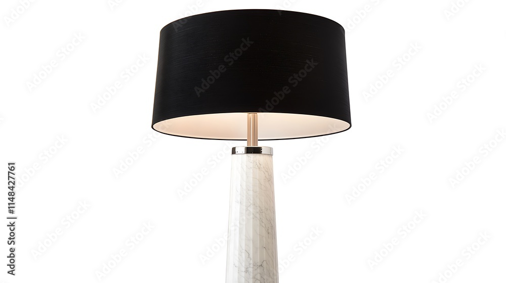 Elegant floor lamp with a white marble base and black shade, isolated on a white background, detailed photo. Elegant floor lamp with a white marble base and black shade, isolated on a white background, detailed photo.