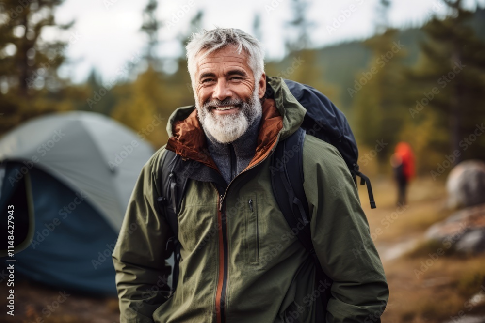 Portrait of a senior man with a backpack and tent in the forest. Portrait of a senior man with a backpack and tent in the forest.