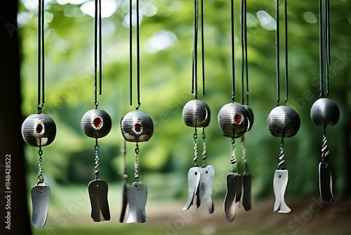 3 wind chimes creating sound waves as they fall photo