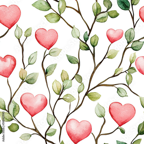 Seamless pattern, tree branch and heart on white background, gift wrapping 