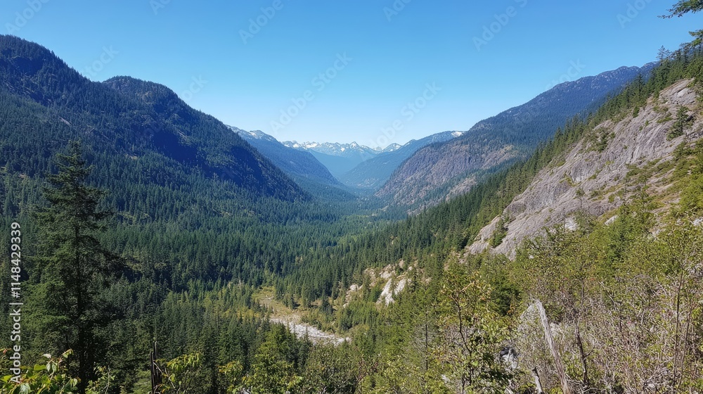 Fototapeta premium Majestic Mountain Valley Surrounded by Lush Green Forests