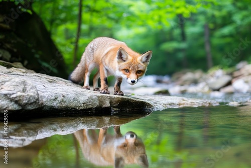A fox prowling along a stream in a dense forest, its reflection visible in the water
