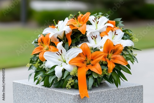 A funeral wreath with lilies and ribbons, placed against a gravestone with an engraved epitaph