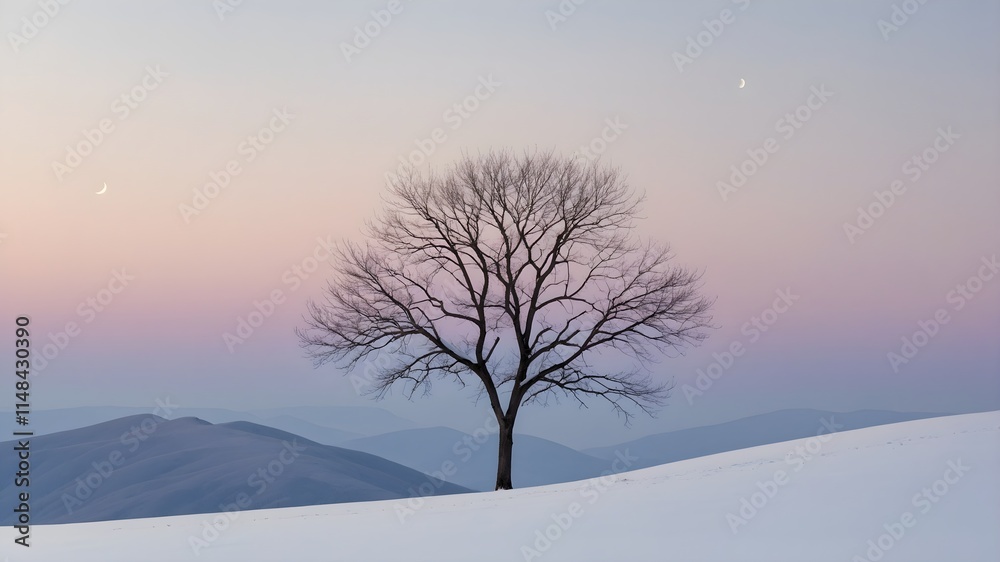 Solitary Winter Tree Background: A Minimalist Winter Landscape with a Bare Tree Silhouetted Against a Pastel Sky and Distant Hills Solitary Winter Tree Background: A Minimalist Winter Landscape with a Bare Tree Silhouetted Against a Pastel Sky and Distant Hills