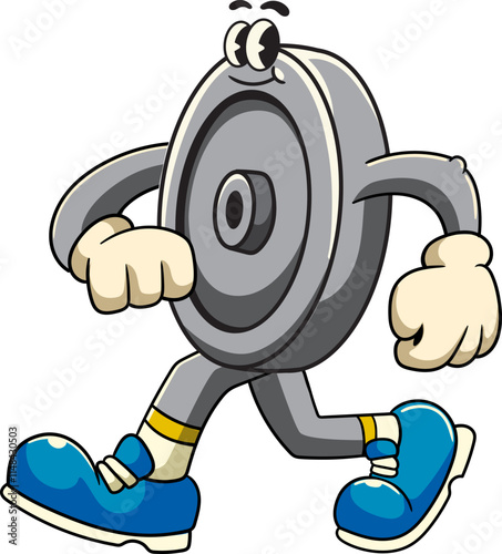 Walking Weight Plate Gym in Retro Cartoon Character Vector Illustration