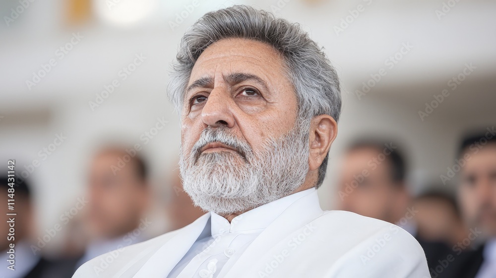 Close-up portrait of a serious-looking older man with gray hair and beard, wearing a white collared shirt, in a blurry background of other people. Close-up portrait of a serious-looking older man with gray hair and beard, wearing a white collared shirt, in a blurry background of other people.