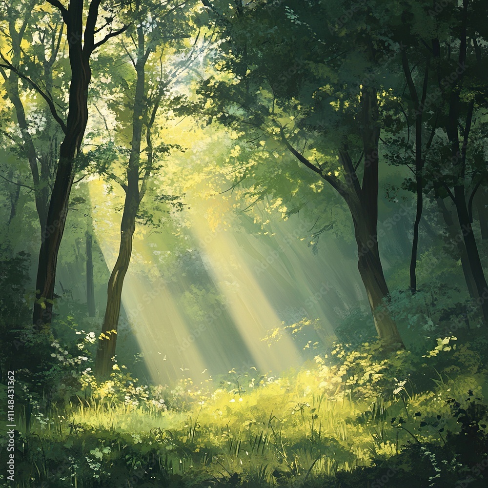 Obraz premium Sunbeams illuminate a lush green forest floor.