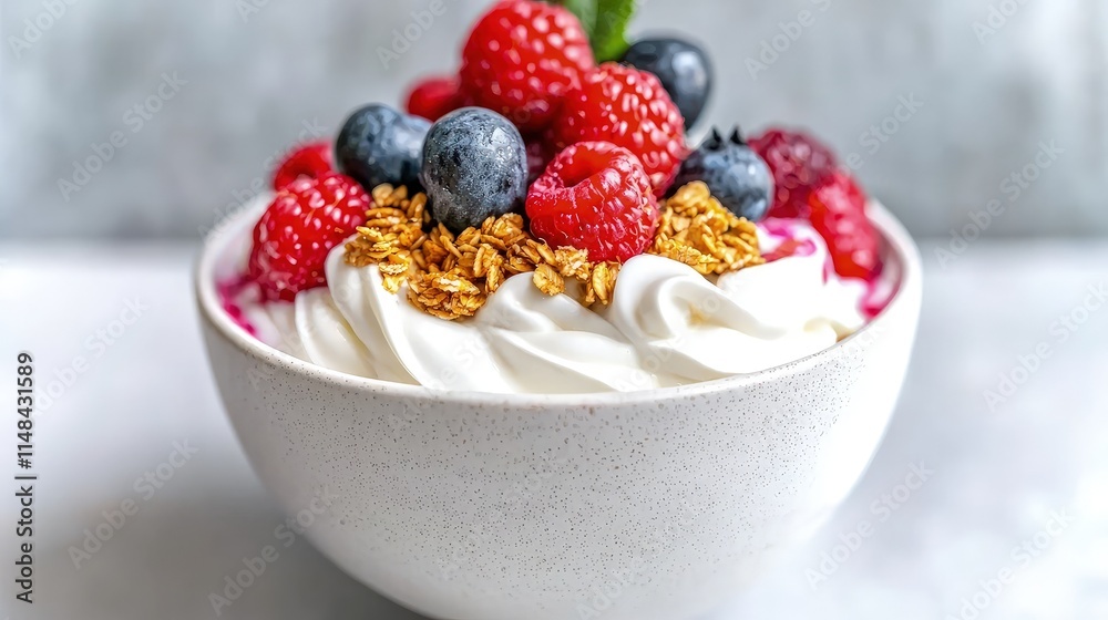 Creamy yogurt parfait with raspberries, blueberries, and granola. Creamy yogurt parfait with raspberries, blueberries, and granola.