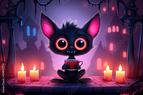 A gothic illustration of a bat holding a tiny teacup, sitting daintily in a creepy castle photo