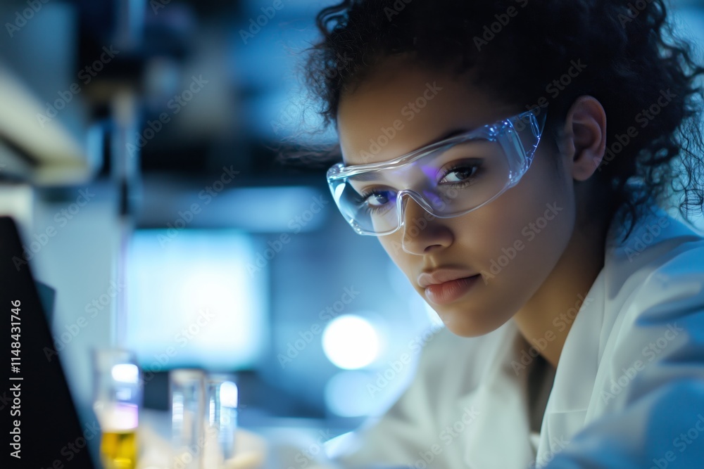 An African American female scientist wearing protective goggles, focused and working diligently in a laboratory setting An African American female scientist wearing protective goggles, focused and working diligently in a laboratory setting