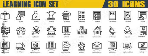 Learning icon set. Containing Read,Teach,Study,Elearning,Exam,Dictionary,Physics,Education,Audio Book,Campus,Homeschooling,Video Tutorial,Workspace,Web Programming dan Online Learning. Outline Style