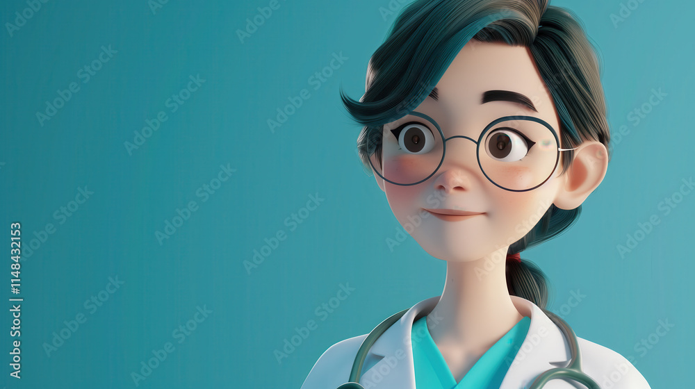 Charming 3D Illustration of a Young Female Doctor with Glasses and Stethoscope on Turquoise Background for Healthcare Concepts Charming 3D Illustration of a Young Female Doctor with Glasses and Stethoscope on Turquoise Background for Healthcare Concepts