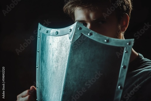 Man holds a protective shield symbolizing digital privacy and encryption to deter online attacks and ensure cyber security.