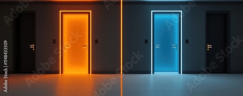 Two glowing doors, one orange and one blue, stand opposite each other in a dimly lit hallway, creating a striking contrast and inviting curiosity. photo