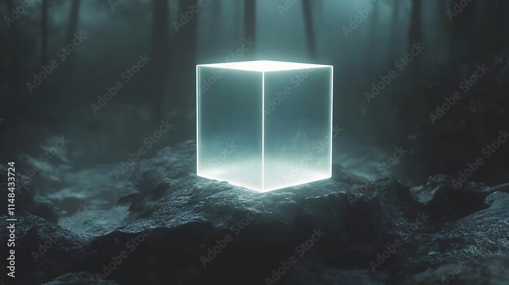 Glowing cube in dark forest. Glowing cube in dark forest.