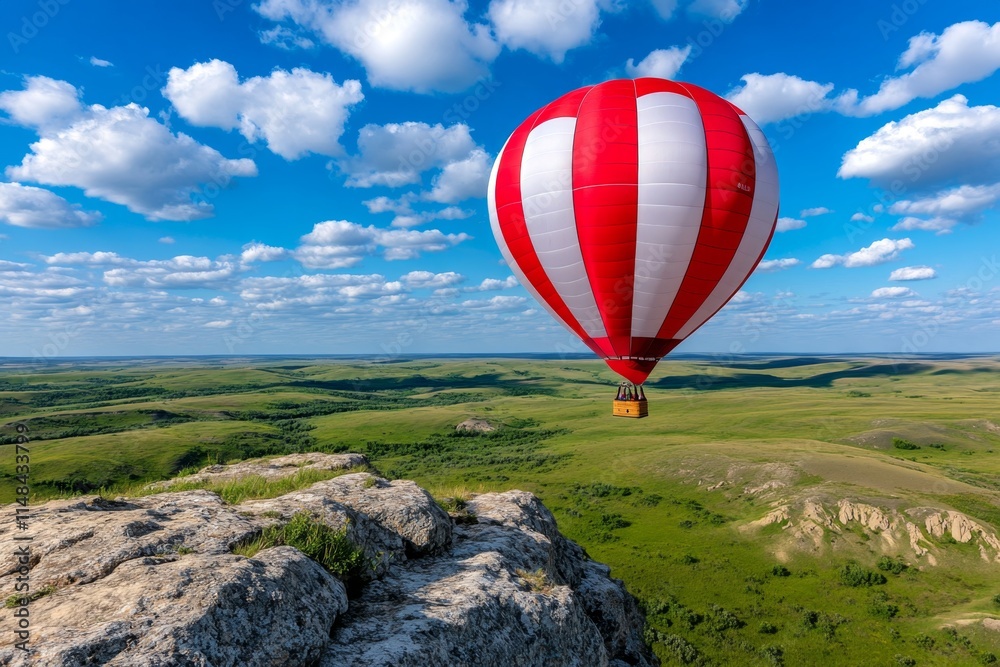 Fototapeta premium A hot air balloon floating peacefully above a scenic landscape, capturing the lightness of freedom