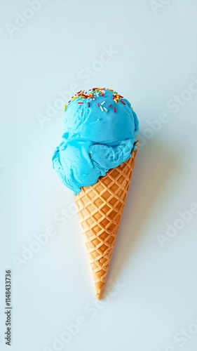 Blue Ice Cream in a Crispy Waffle Cone  A Refreshing Summer Dessert blue ice cream in a crispy waffle cone, isolated on a white background. Perfect for summer treats and dessert menus