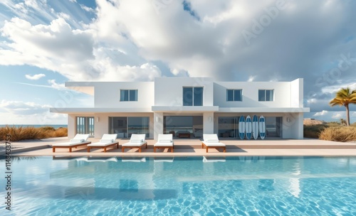 Minimalist architecture white house with windows minimal sun-beds by the pool in front surfboards standing on the beach generative ai ocean front property ocean property house home beach real estate