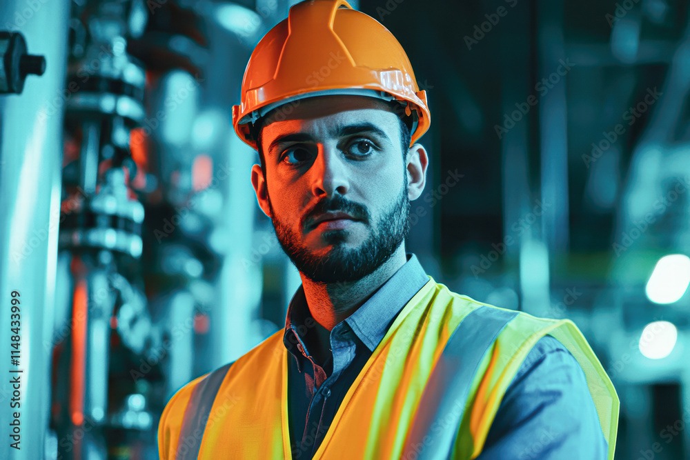 Industrial worker at night in a factory capturing focused expression and safety gear Industrial worker at night in a factory capturing focused expression and safety gear
