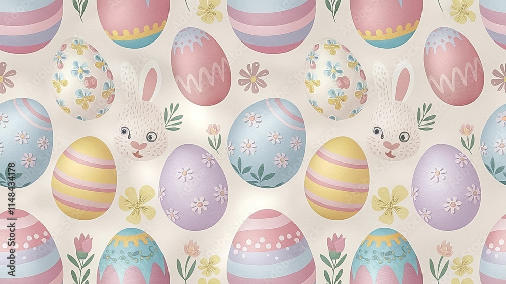 Charming Seamless Easter Pattern with Pastel Colors, Easter Eggs, and Bunny Motifs – Perfect for Graphic Designers, Textile Makers, and Seasonal Decor