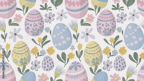 Seamless Easter Pattern with Colorful Eggs, Cute Bunnies, and Spring Flowers Perfect for Wrapping Paper, Fabric Prints, or Festive Graphic Designs