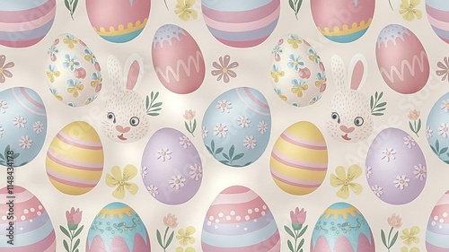 Charming Seamless Easter Pattern with Pastel Colors, Easter Eggs, and Bunny Motifs – Perfect for Graphic Designers, Textile Makers, and Seasonal Decor