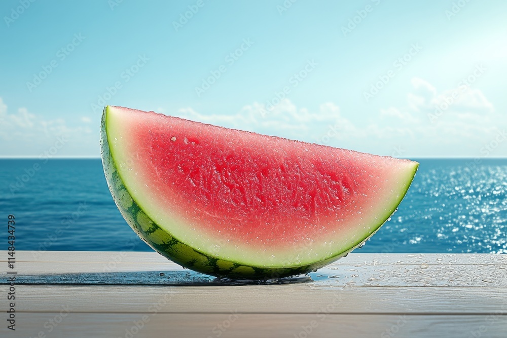 A juicy slice of watermelon on a sunny picnic table, with water droplets glistening on its surface A juicy slice of watermelon on a sunny picnic table, with water droplets glistening on its surface