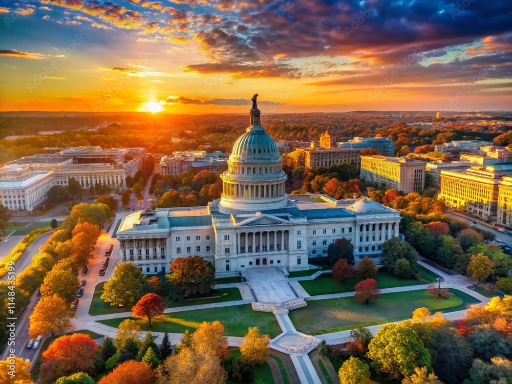 Fototapeta premium US Capitol Sunrise Aerial Photography - Washington DC Dawn Panorama