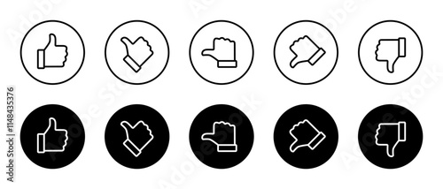 Rating and feedback scale with thumb outline icon on black circle. Excellent, good, average, poor, bad review concept