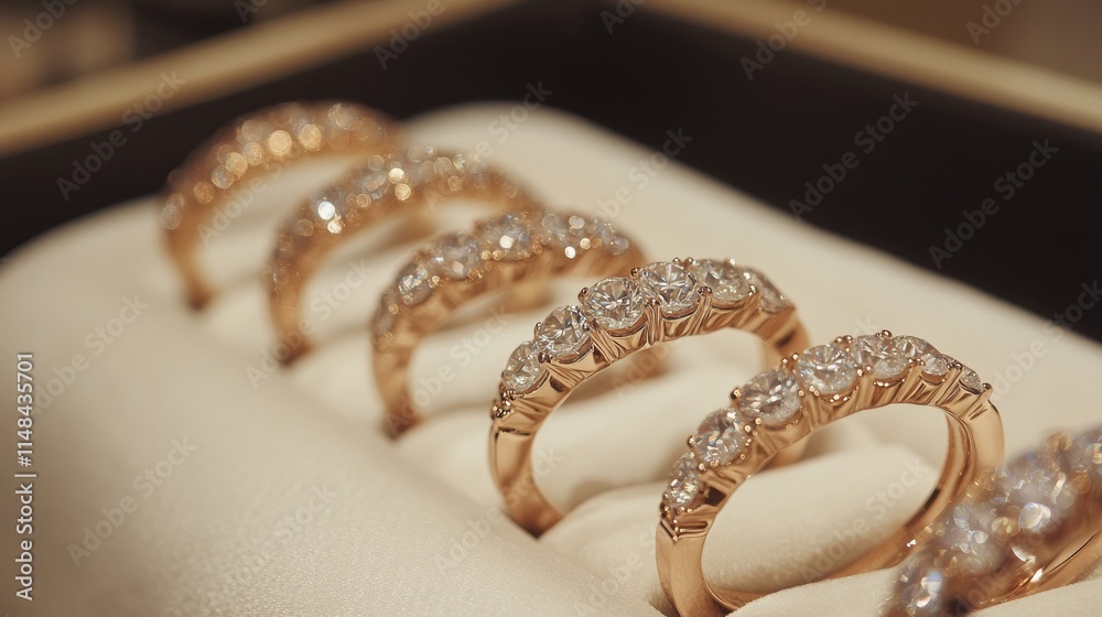 Elegant Rose Gold Rings with Sparkling Diamonds in Display Case Elegant Rose Gold Rings with Sparkling Diamonds in Display Case