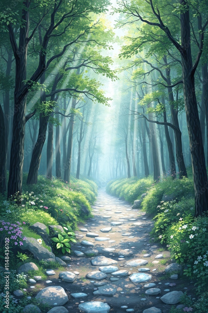 Naklejka premium painting of a path in a forest with rocks and flowers