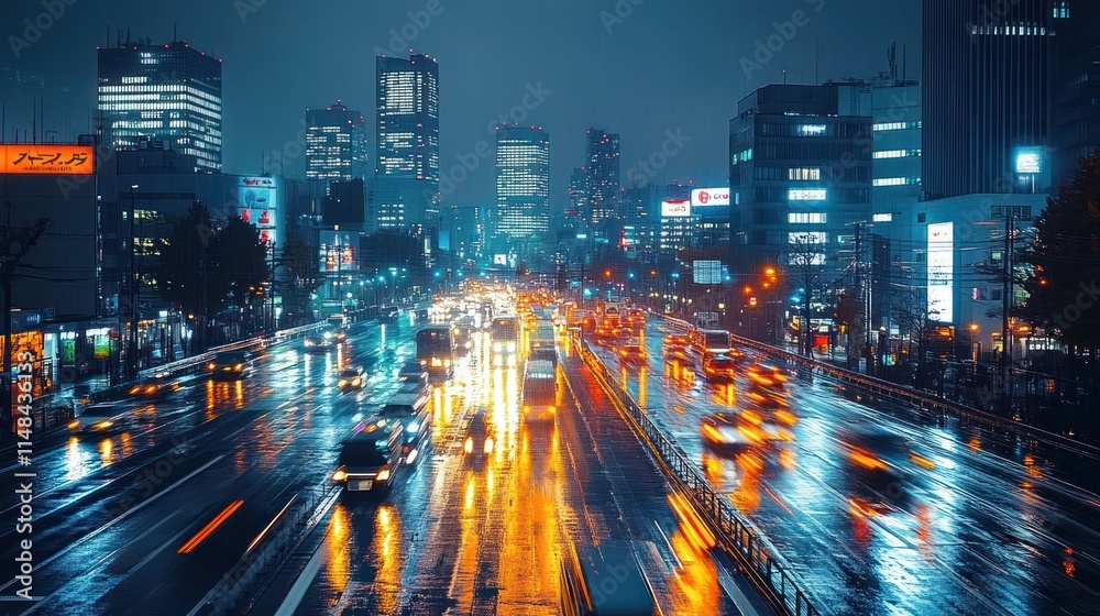 Obraz premium Night city highway traffic in rain.