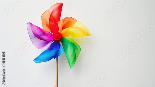 Colorful pinwheel in vibrant hues held against a white background.