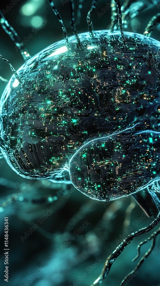 Translucent brain with glowing circuits and neural connections.