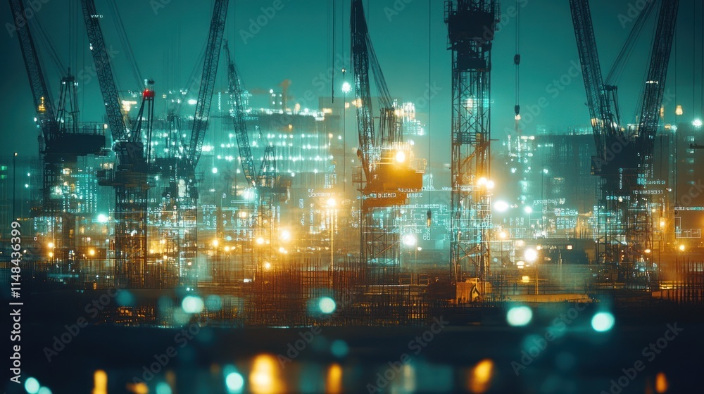 Fototapeta premium Nighttime industrial port with cranes and illuminated buildings.