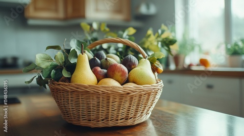 basket filled with freshly picked autumn fruits like pears, apples, and figs, placed in a cozy kitchen setting. photo