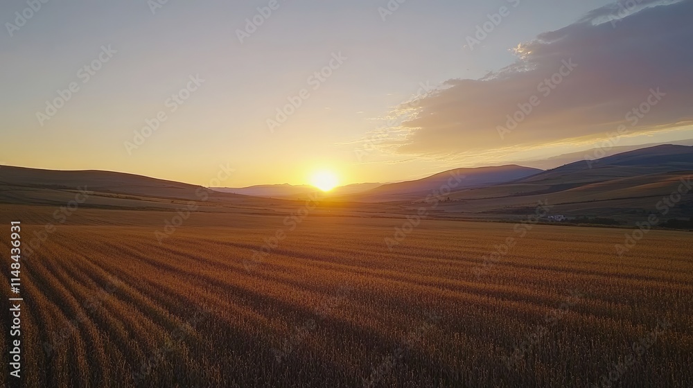 Sunset Over Golden Wheat Field in Rolling Hills Landscape Sunset Over Golden Wheat Field in Rolling Hills Landscape