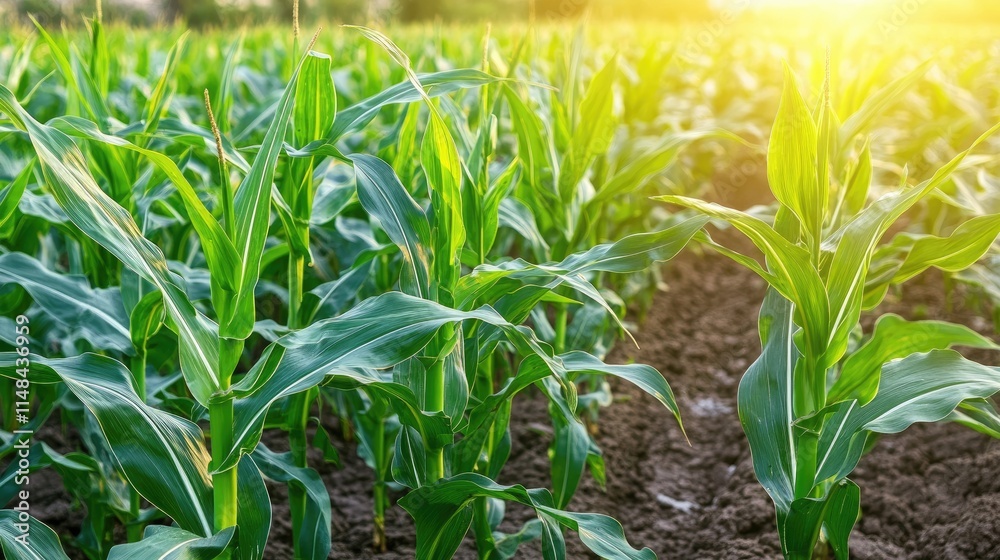 Fototapeta premium Green Corn Plants Growing in a Field Under Bright Sunny Light