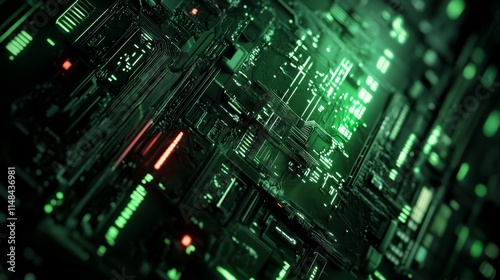 Digital Circuit Board With Glowing Green Lights in an Abstract Technological Design Showcasing Intricate Components and Patterns photo