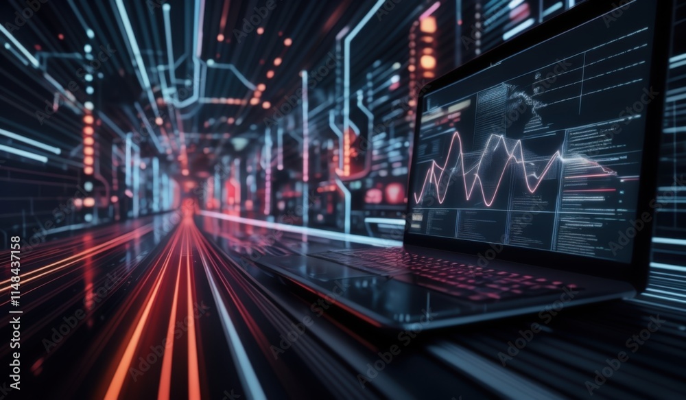 a close up of a laptop computer on a desk with a city in the background