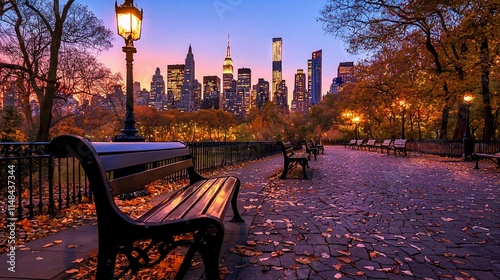 Autumn evening in Central Park, NYC skyline.