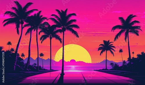 retrowave sunset background with lake, mountains and palm trees	