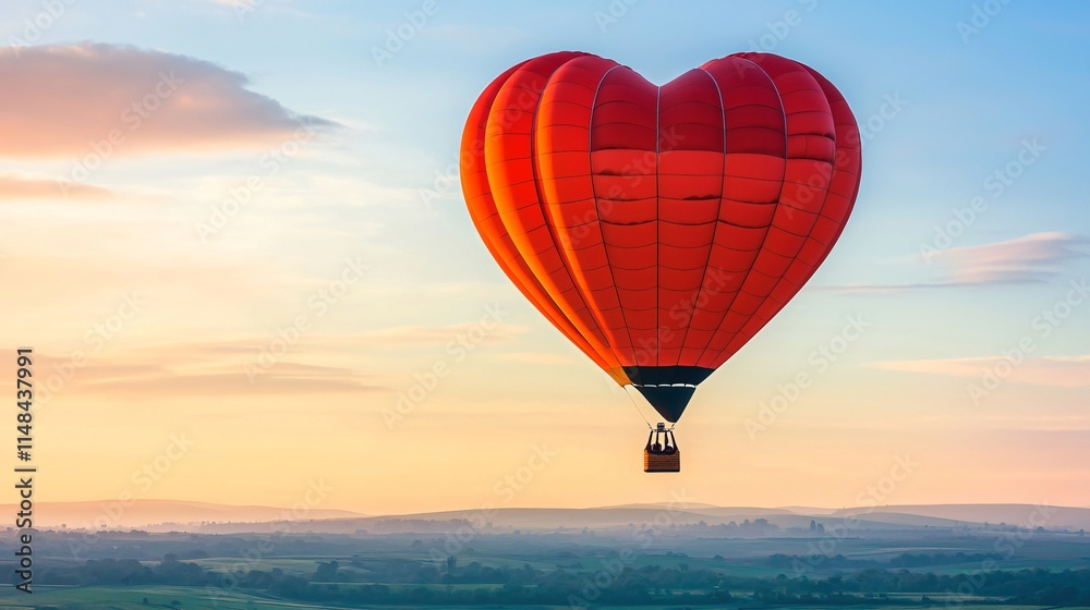 Fototapeta premium Valentine. Heart-shaped hot air balloon soaring over a scenic landscape at sunset.