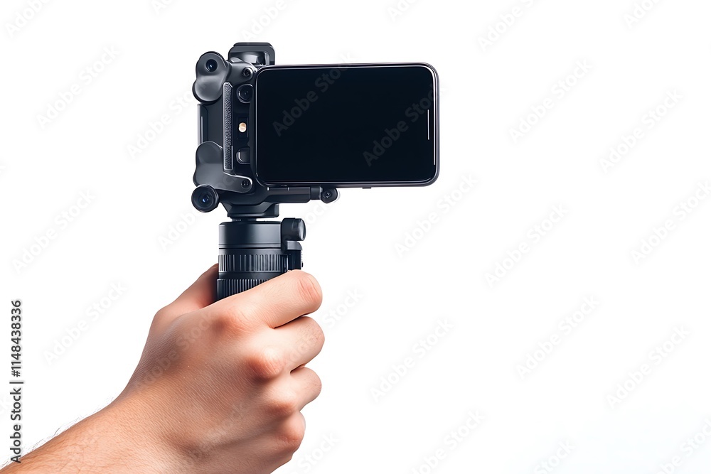 A smartphone on its tripod with a finger of a man ready to shoot or record video isolated on white background