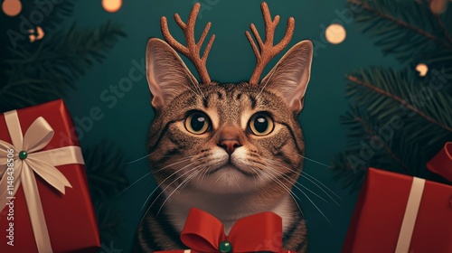 Adorable Cat with Antlers Surrounded by Christmas Presents photo