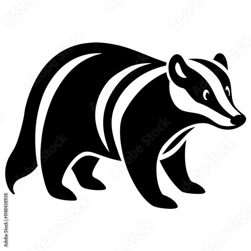 This is a black and white illustration of a badger, characterized by its distinctive facial stripes and stout body. The design is clean and minimal, suitable for use as a logo or icon. It represents s