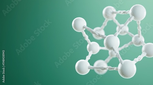 Scientific illustration of Thromboxane B2 molecule structure. White spheres connected by twisted lines represent atoms, bonds in prostanoid compound. Green background. Suitable for medical science photo